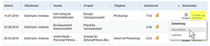 einen einzelnen Zeiteintrag in der Zeiterfassung abschließen