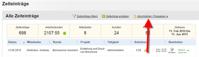 Massenabschluß von Zeiteinträgen