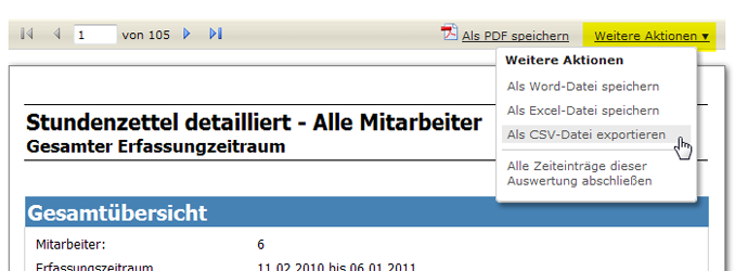 CSV Export der Zeiteinträge einer Auswertung