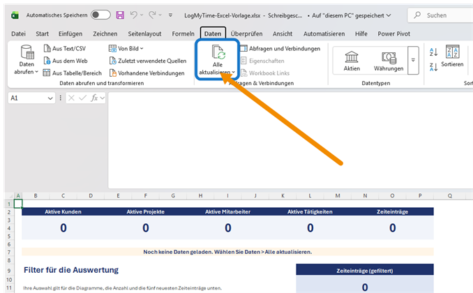 Excel mit markiertem Befehl Alle aktualisieren im Menü Daten
