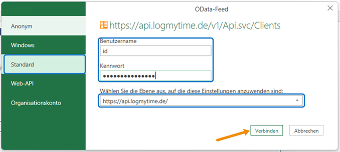 OData-Anmeldefenster mit Standard, eingetragenem Benutzernamen und markierter Schaltfläche Verbinden