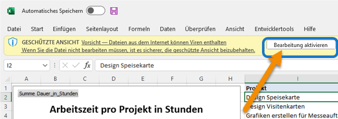 Geschützte Ansicht in Excel mit markierter Schaltfläche Bearbeitung aktivieren