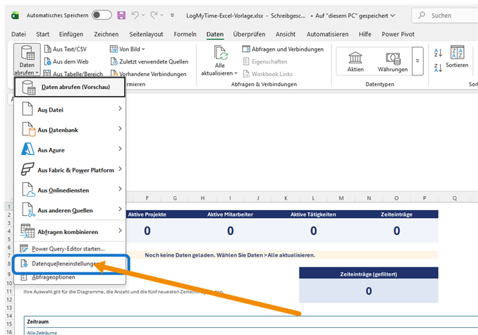 Excel mit geöffnetem Menü Daten abrufen und markiertem Befehl Datenquelleneinstellungen
