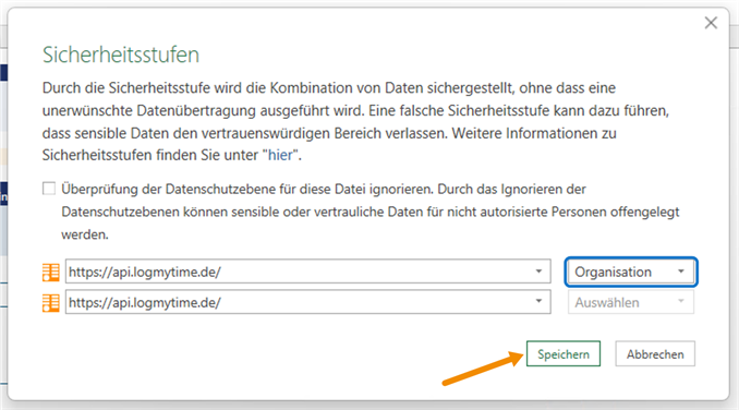 Excel-Fenster Sicherheitsstufen mit ausgewählter Organisation und markierter Schaltfläche Speichern