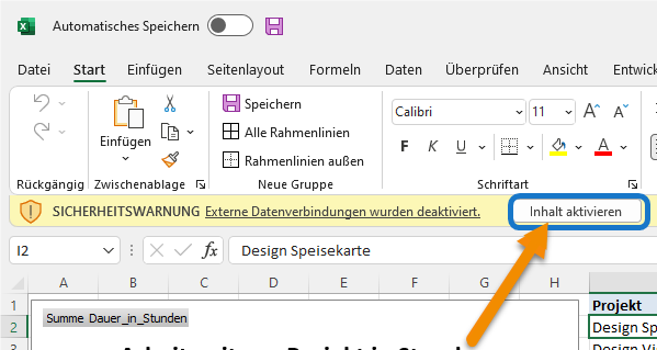 Sicherheitswarnung in Excel mit markierter Schaltfläche Inhalt aktivieren