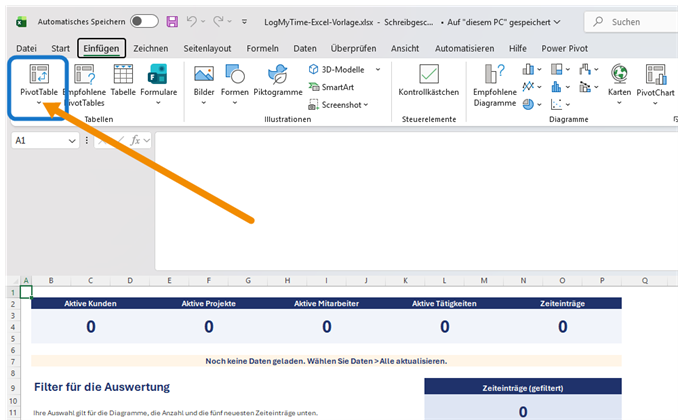 Excel mit markiertem Befehl PivotTable im Menü Einfügen