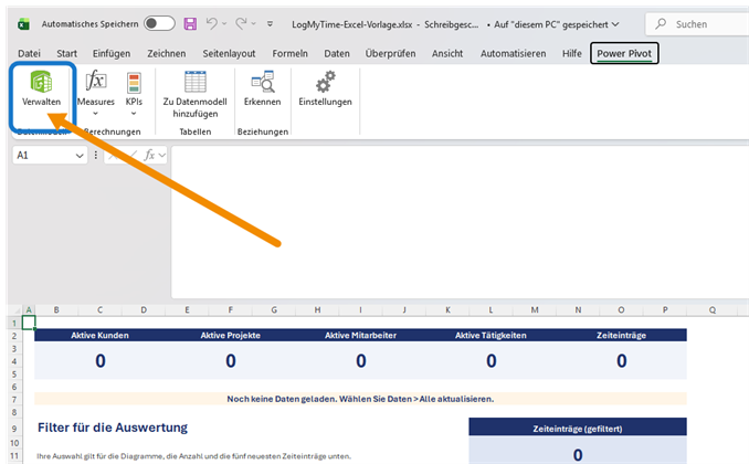 Excel mit markiertem Befehl Verwalten im Menü Power Pivot