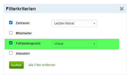 Geöffneter Filter für die Fehlzeitenbuchungen