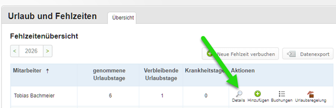 Fehlzeitenübersicht mit dem Befehl Details in der Zeile eines Mitarbeiters