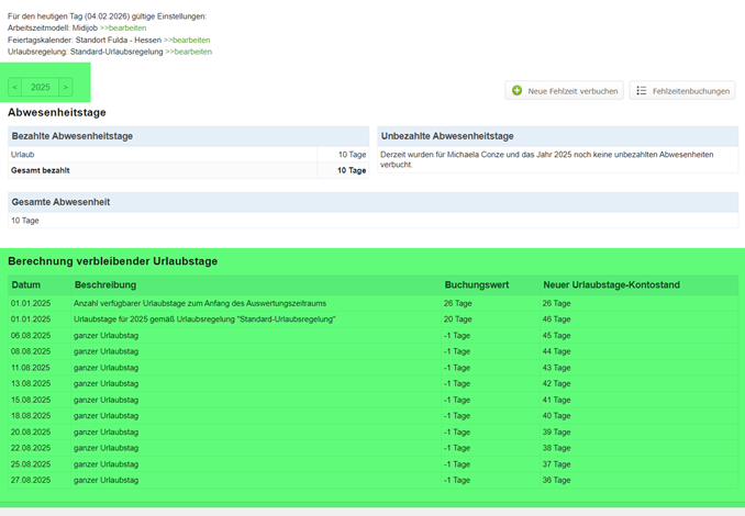 Details der Urlaubsbuchungen für einen Mitarbeiter im Vorjahr